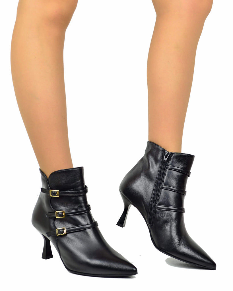 Damenstiefeletten Schwarz Leder mit Schnallen & Reißverschluss - 4