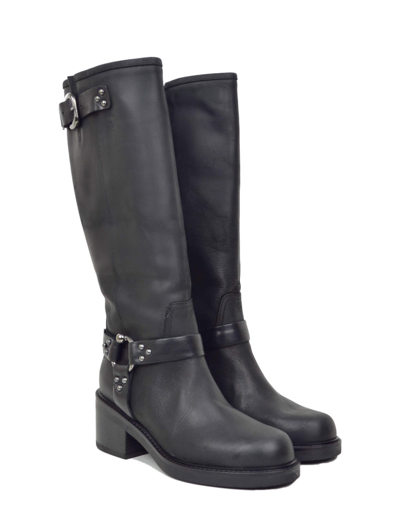 Stivali Biker mix Cavallerizza Alti con Gambale Rigido Fibbie e Tacco Neri 6 cm - 3