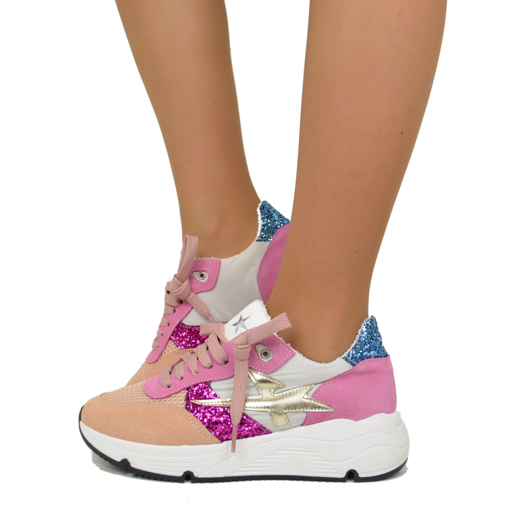 Glitter Sneakers in Pink Suede Soft Platform Bottom