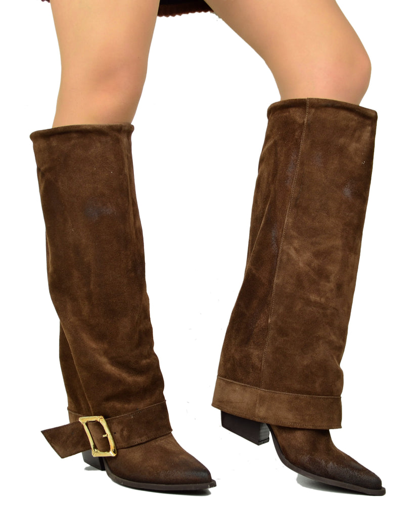 Stivali Texani Alti Overknee Scamosciati Marrone con Fibbia Made in Italy - 3