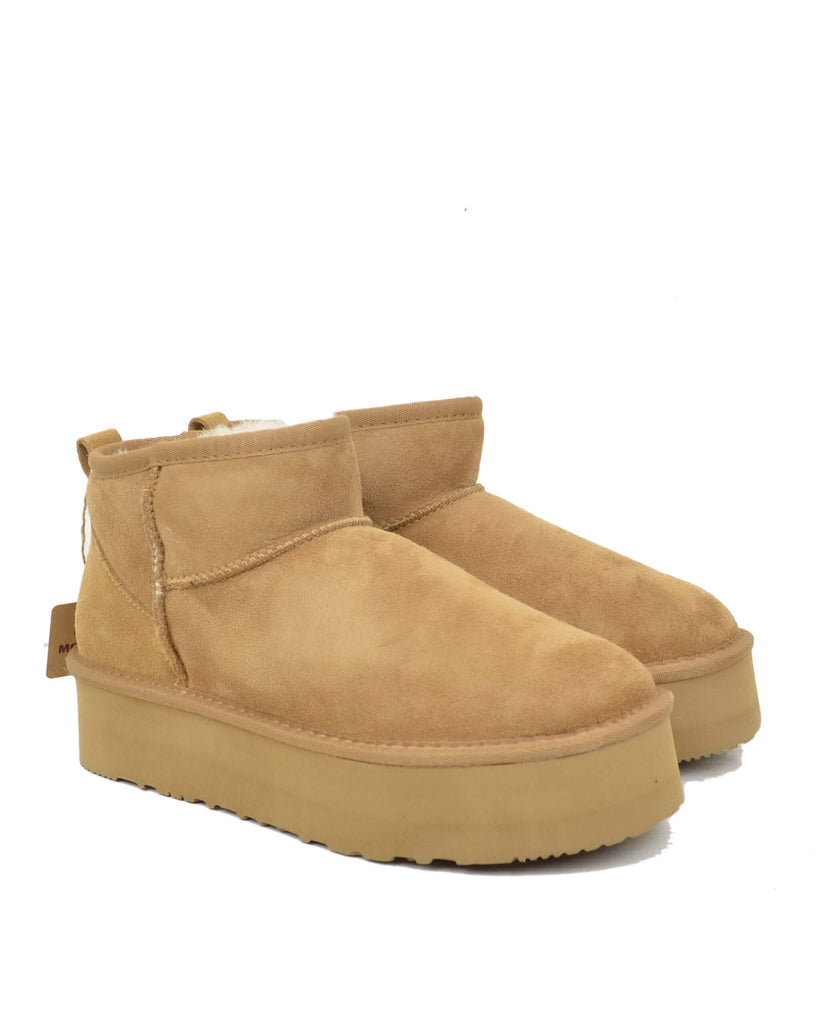 Plateau Stiefel Damen Echt Lammfell Camel Warm Gefüttert - 2