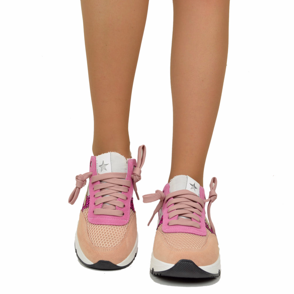 Sneakers Glitter in Pelle Scamosciata Pink Fondo Platform Morbido - 3
