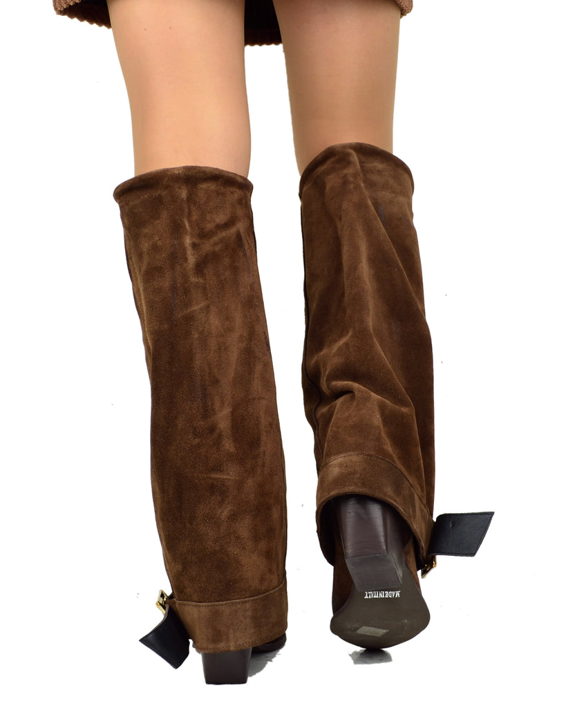 Stivali Texani Alti Overknee Scamosciati Marrone con Fibbia Made in Italy - 4