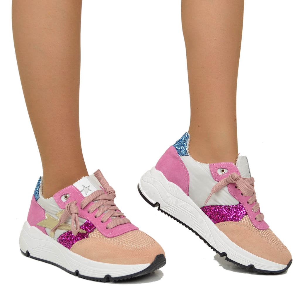 Sneakers Glitter in Pelle Scamosciata Pink Fondo Platform Morbido - 4