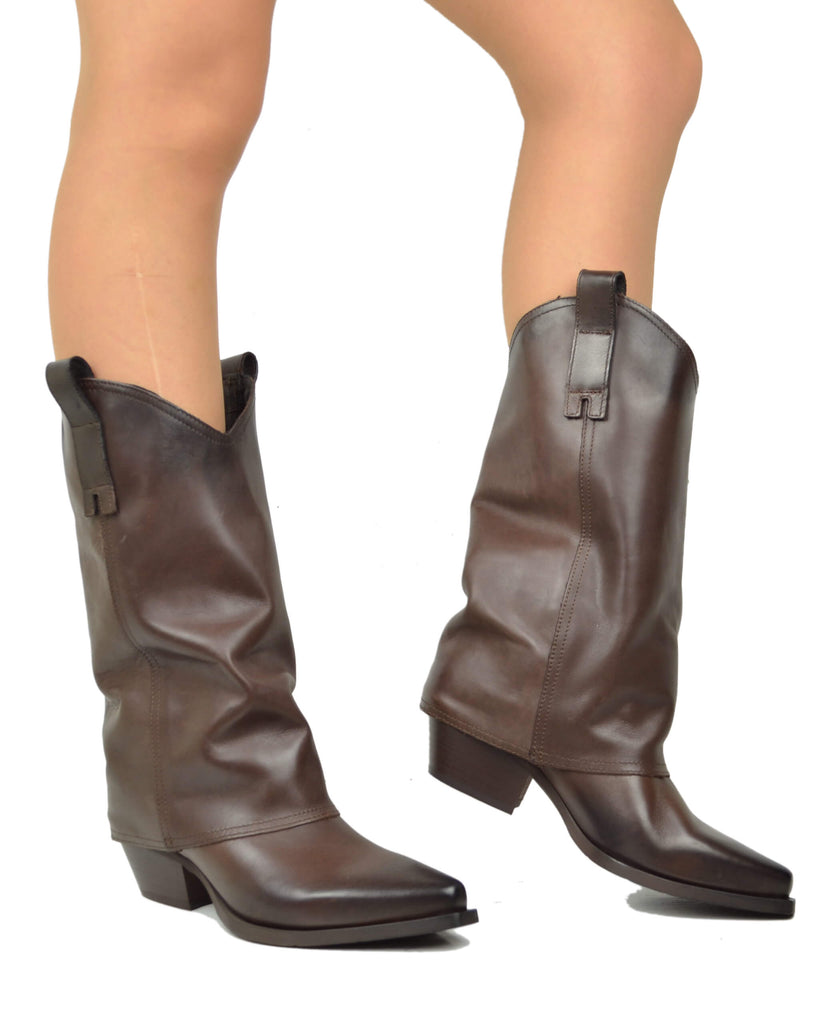 Stivali Texani Donna con Ghetta in Vera Pelle Testa di Moro - 4