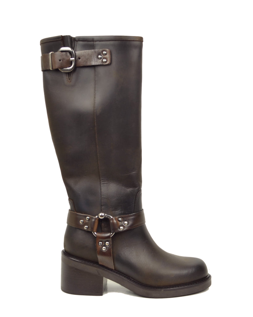 Stivali Biker mix Cavallerizza Alti con Gambale Rigido Fibbie e Tacco  6 cm Marrone Scuro - 2