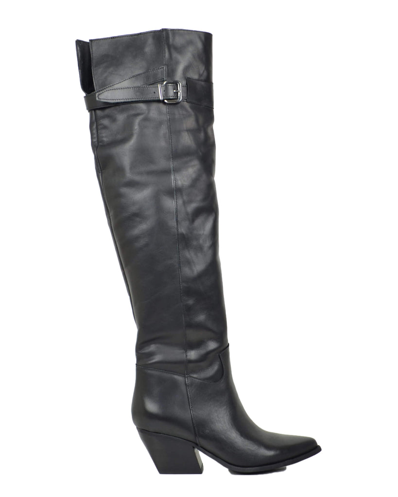 Stivali Texani Alti Overknee Neri con Fibbia in Pelle Made in Italy - 2
