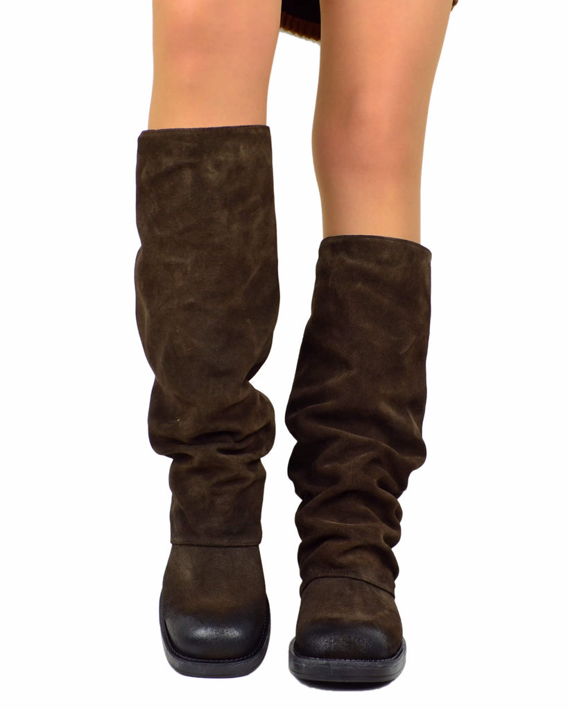 Stivali Biker con Ghetta Punta Quadrata Pelle Scamosciata Marrone - 3