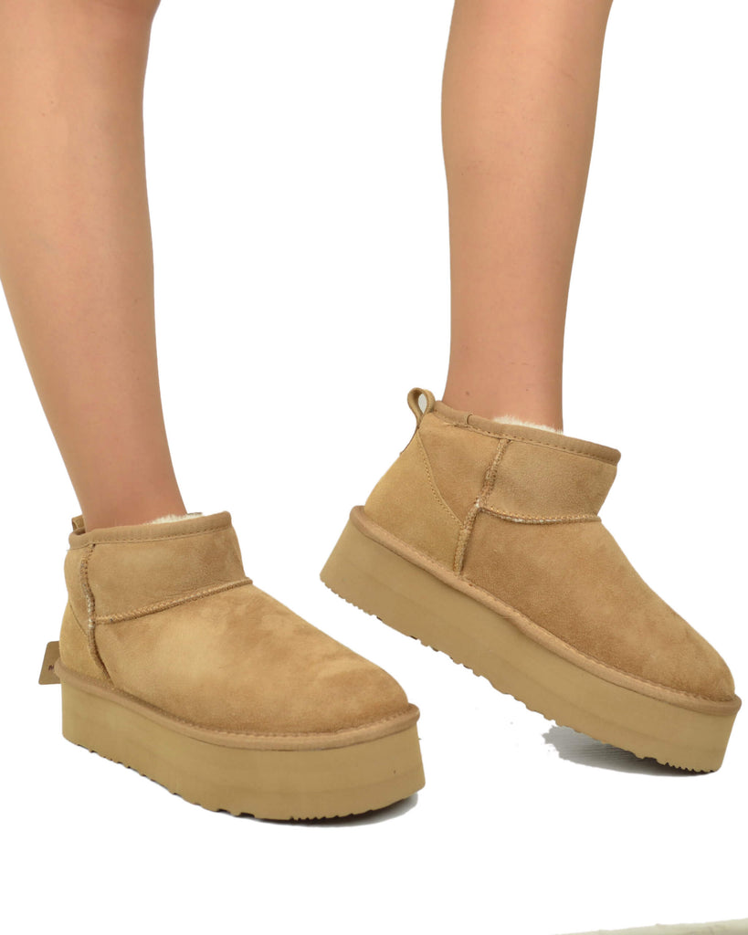 Plateau Stiefel Damen Echt Lammfell Camel Warm Gefüttert - 6