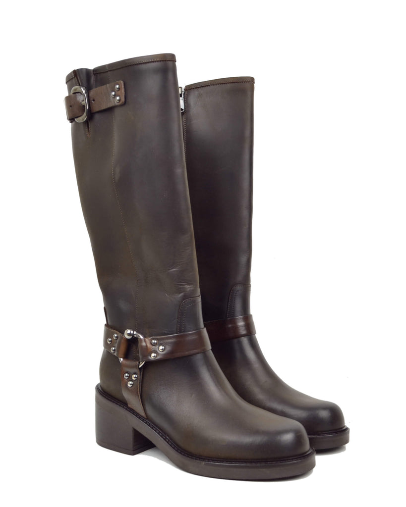 High Dark Brown Biker & Riding Style Boots with Rigid Shaft, Buckles - 4