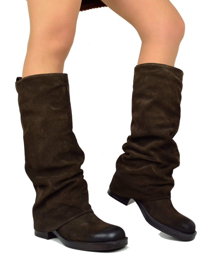 Stivali Biker con Ghetta Punta Quadrata Pelle Scamosciata Marrone - 4