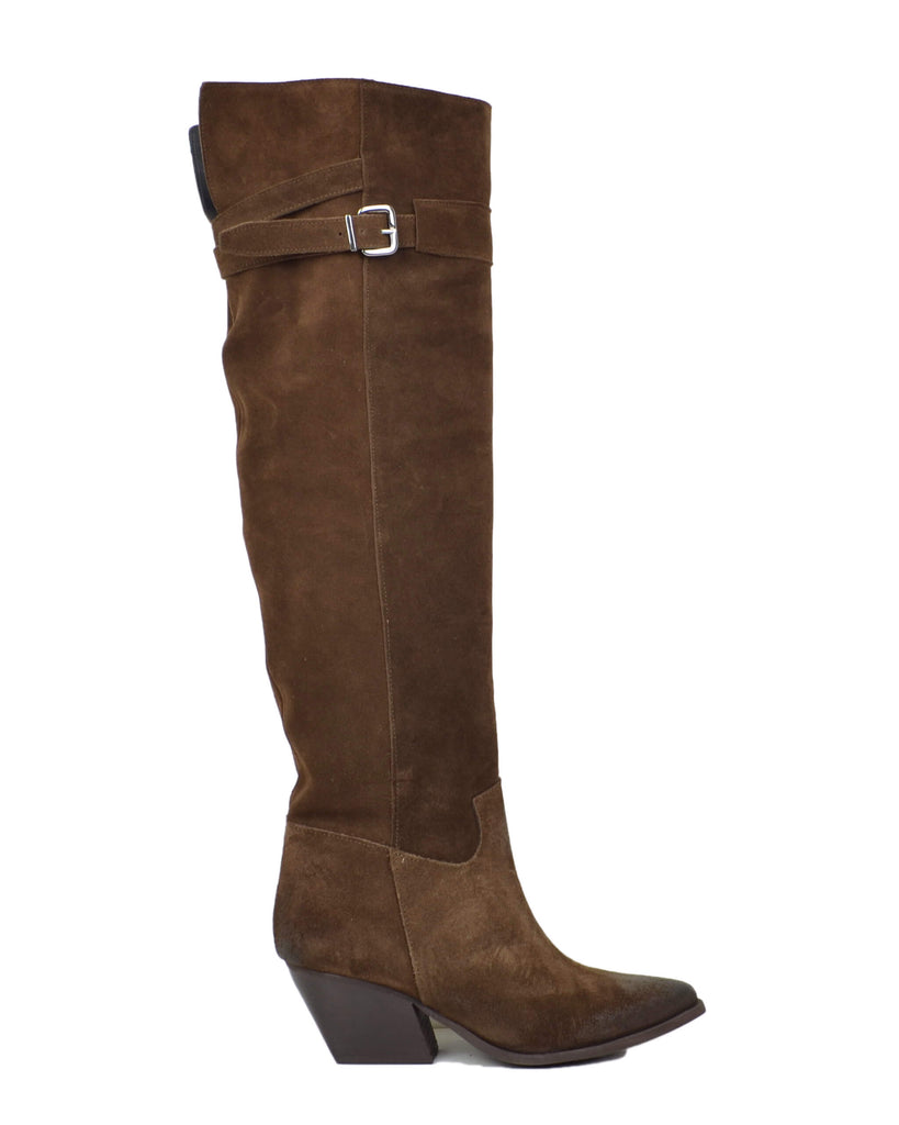 High Overknee Western Boots in Brown Suede Leather with Buckle – Made in Italy - 2