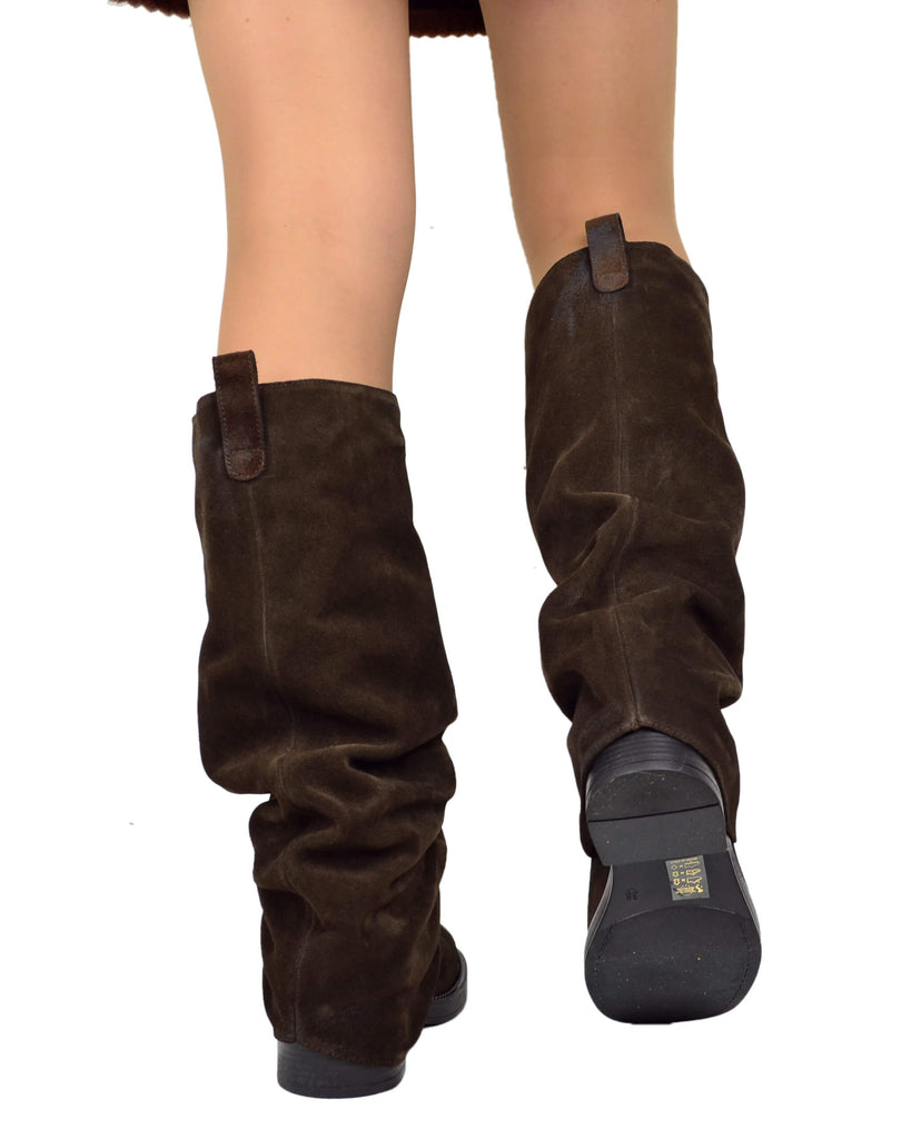 Stivali Biker con Ghetta Punta Quadrata Pelle Scamosciata Marrone - 6