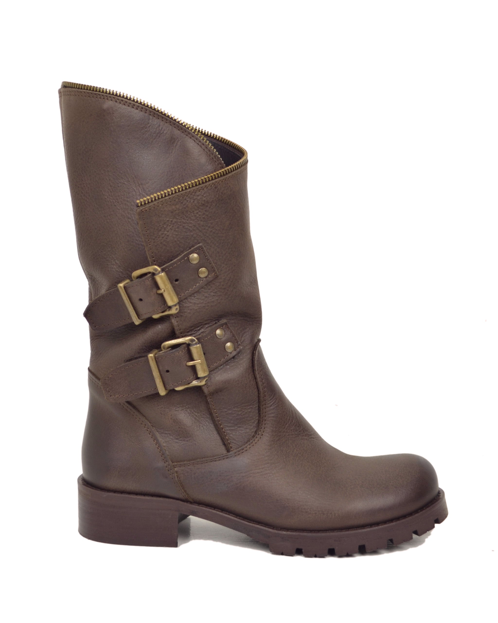 Biker Boots with Wide and Adjustable Calf with Zip in Real Brown Leather