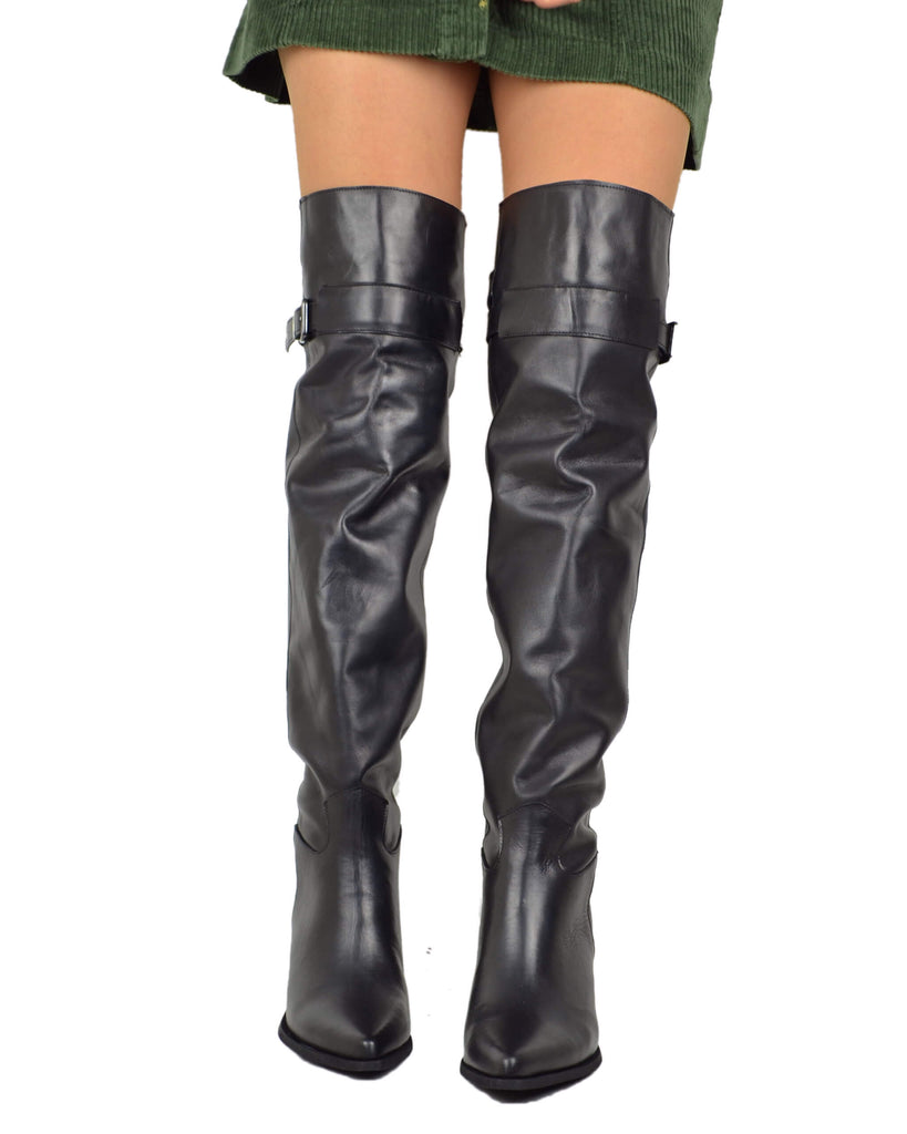 Stivali Texani Alti Overknee Neri con Fibbia in Pelle Made in Italy - 6