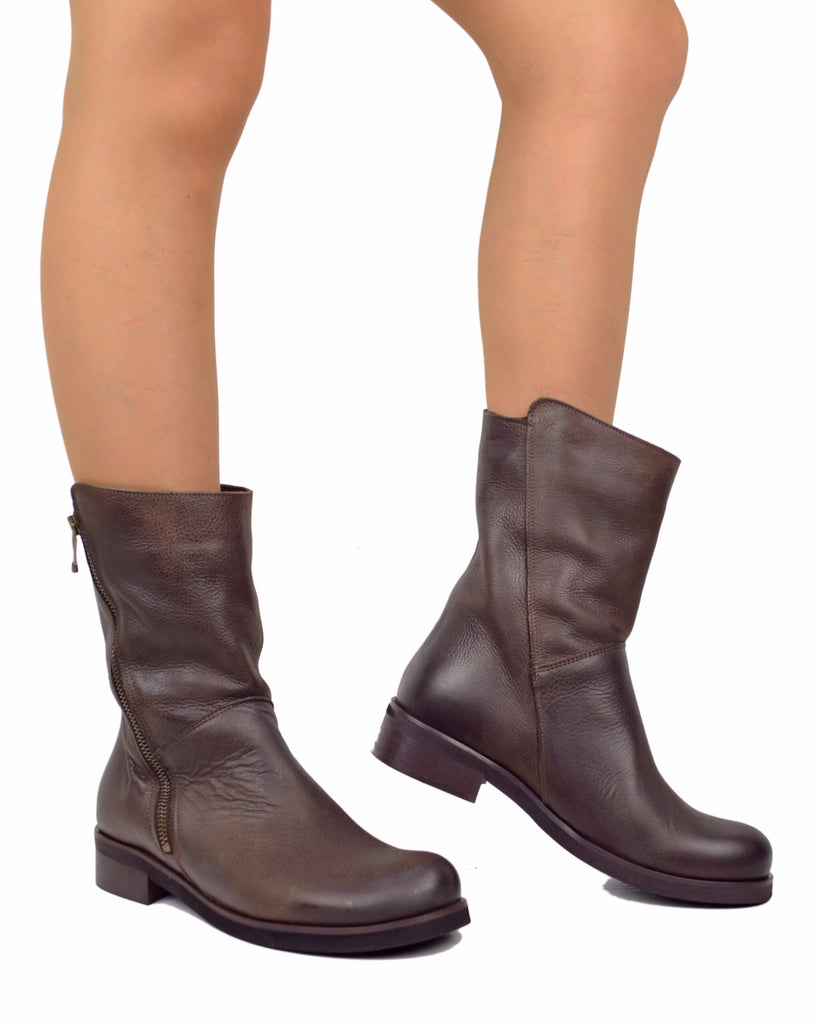 Stivali Biker Vera Pelle Vintage Naturale Sopra alla Caviglia Marroni - 4