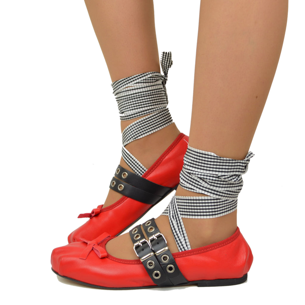 Red Schiava ballerinas in Nappa leather with two-tone laces and square toe
