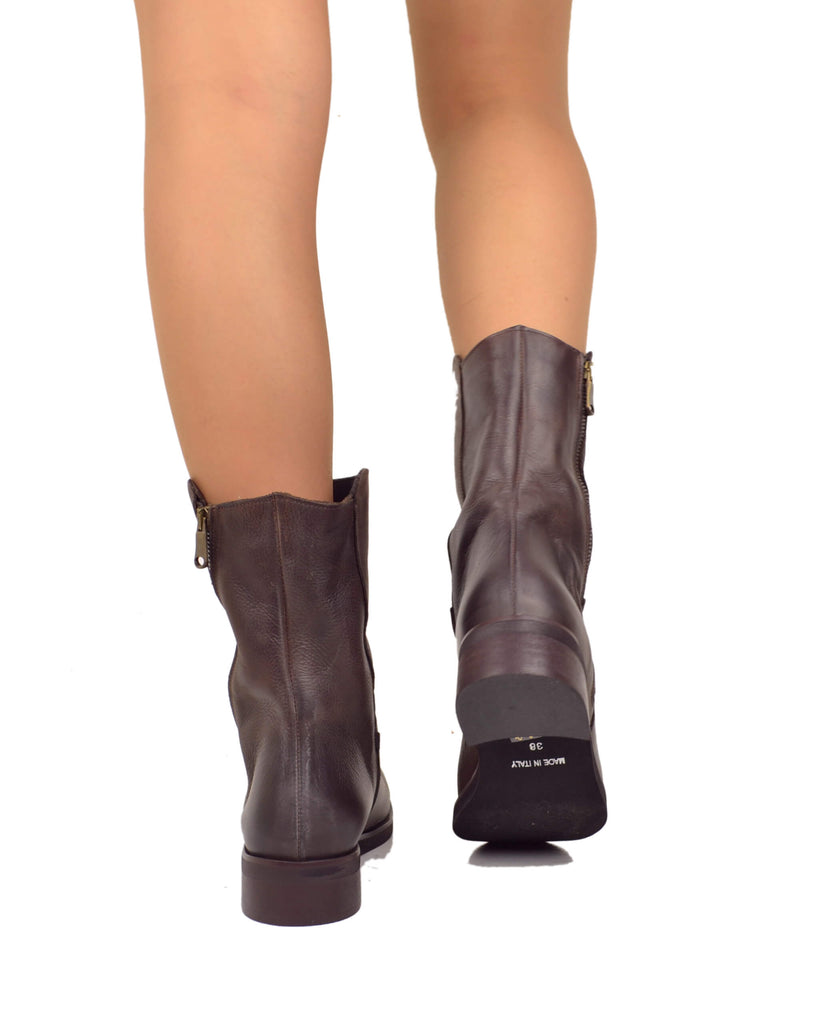 Stivali Biker Vera Pelle Vintage Naturale Sopra alla Caviglia Marroni - 5