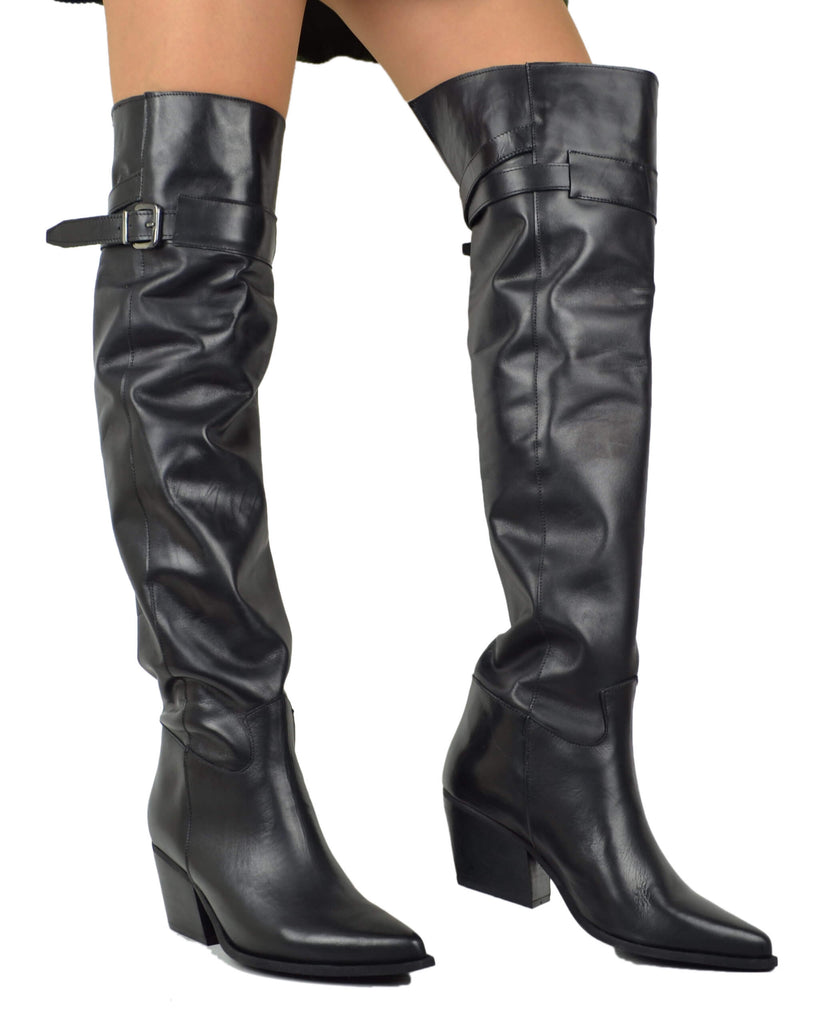 Stivali Texani Alti Overknee Neri con Fibbia in Pelle Made in Italy - 4