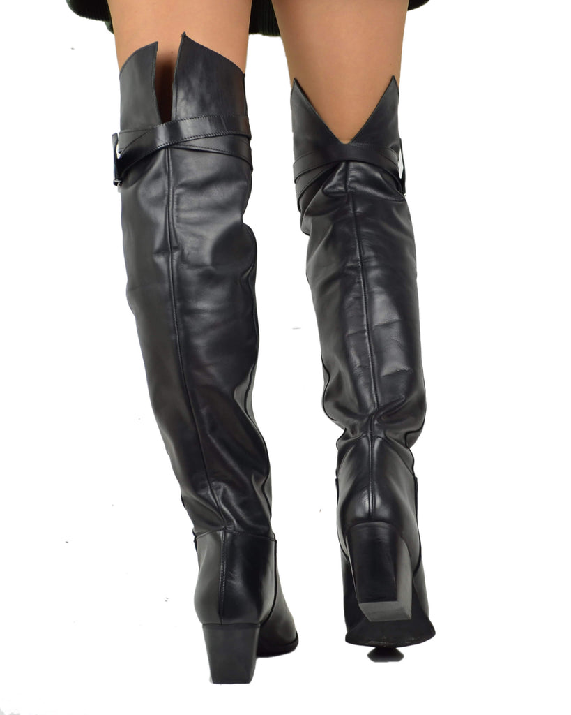 Stivali Texani Alti Overknee Neri con Fibbia in Pelle Made in Italy - 5