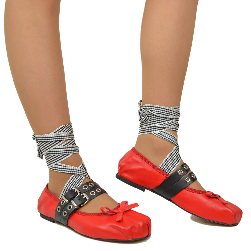 Red Schiava ballerinas in Nappa leather with two-tone laces and square toe - 3