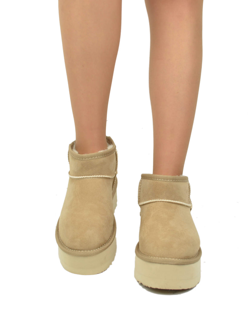 Plateau Stiefel Damen Echt Lammfell Beige Warm Gefüttert - 3