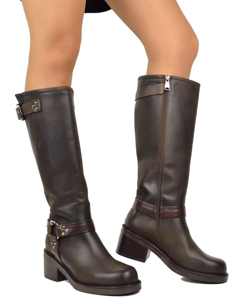High Dark Brown Biker & Riding Style Boots with Rigid Shaft, Buckles - 6