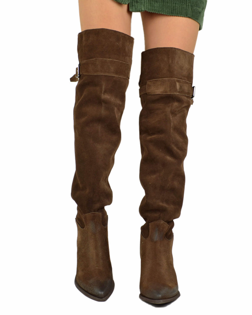 High Overknee Western Boots in Brown Suede Leather with Buckle – Made in Italy - 4