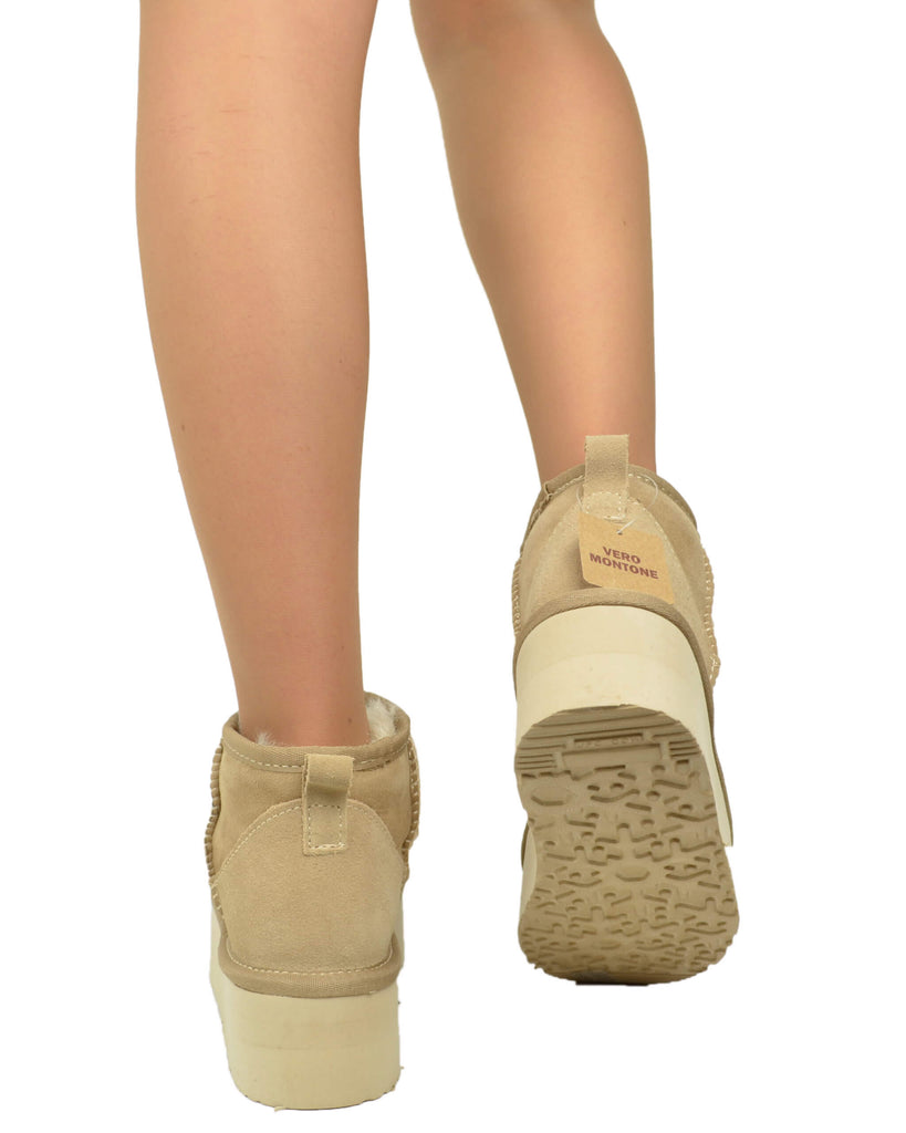 Plateau Stiefel Damen Echt Lammfell Beige Warm Gefüttert - 5