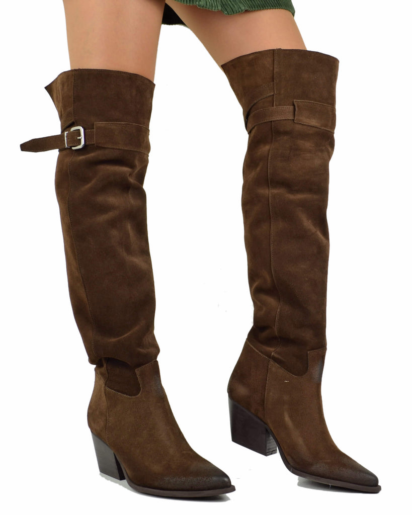 High Overknee Western Boots in Brown Suede Leather with Buckle – Made in Italy - 5