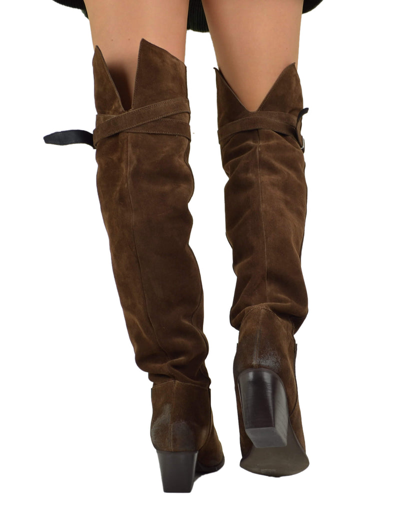 High Overknee Western Boots in Brown Suede Leather with Buckle – Made in Italy - 3