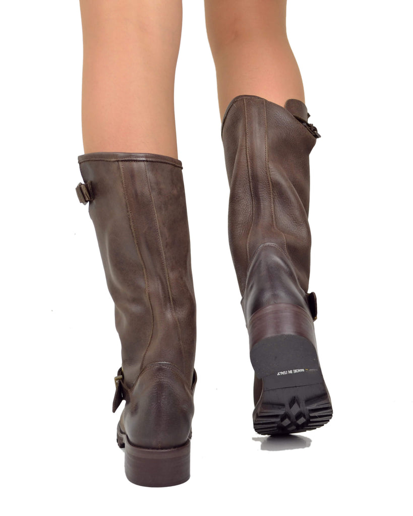 Dark Brown Police Women's Boots Biker Boots Made in Italy - 5