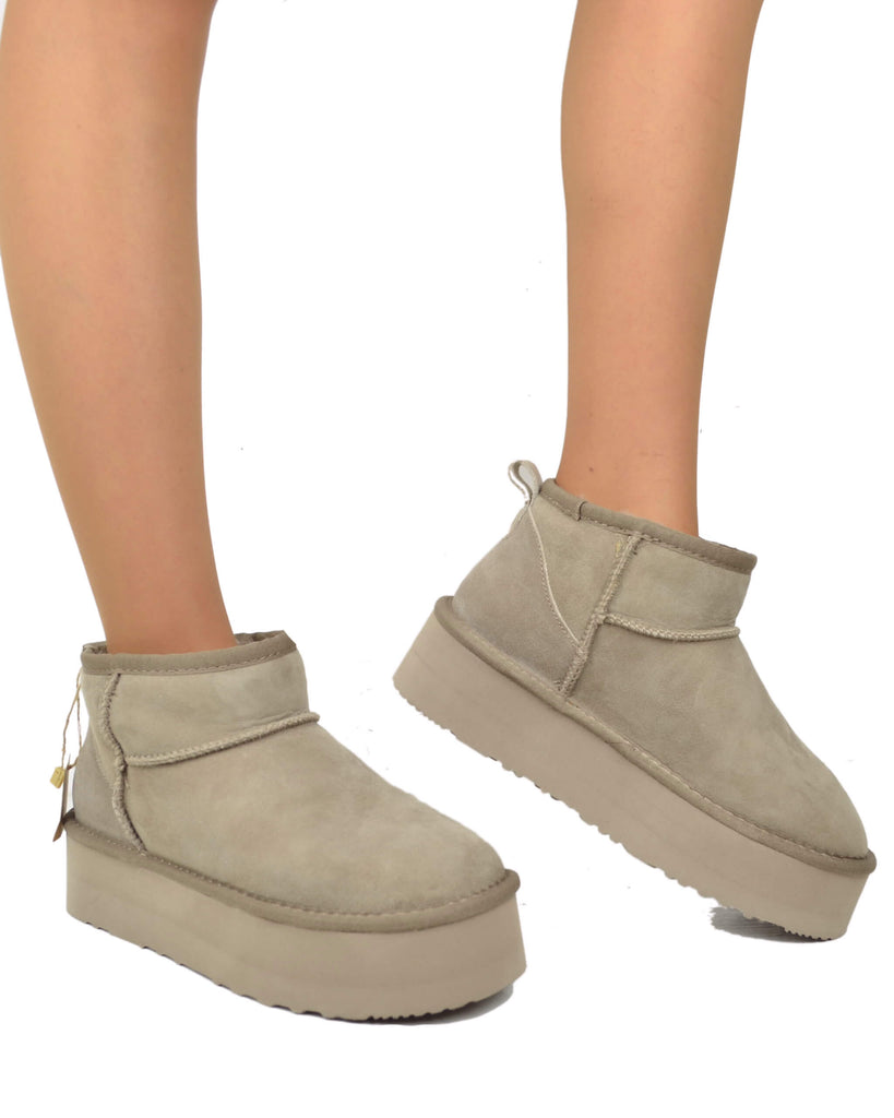 Plateau Stiefel Damen Echt Lammfell Taupe Warm Gefüttert - 5