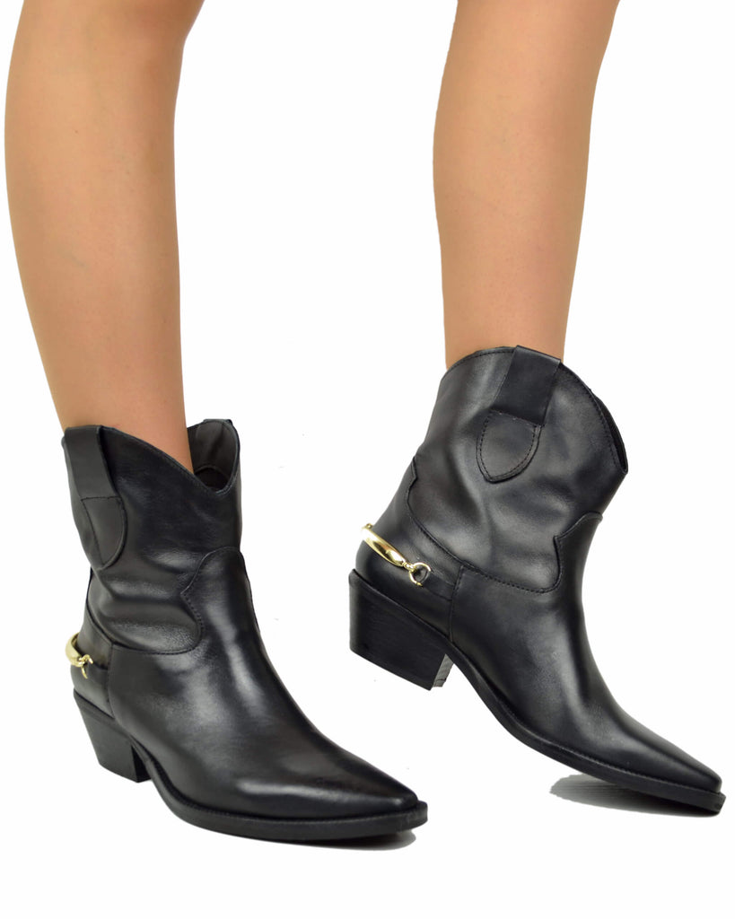Texanini con Morsetto Dorato senza Zip Vera Pelle Nera - 4