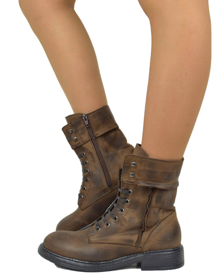 Stivaletti Anfibi Stringati in Pelle Sfumata in Testa di Moro Made