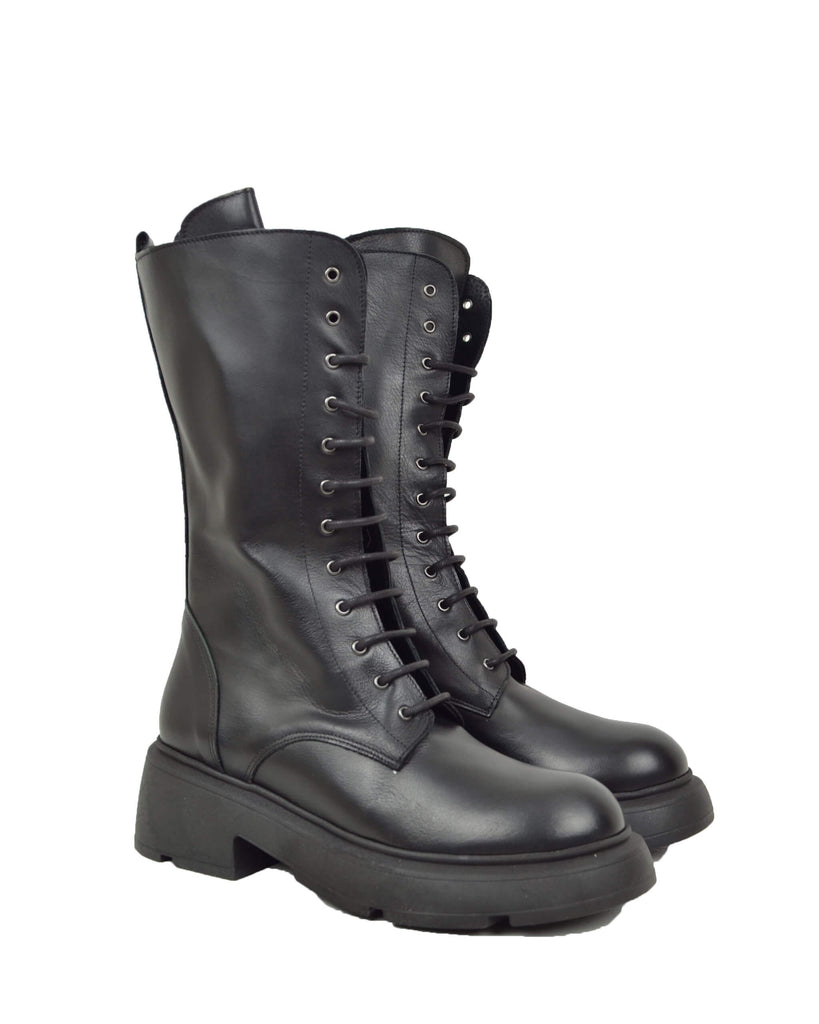 Anfibi Stringati Platform 12 Occhielli Vera Pelle Nera Lacci Rock - 2