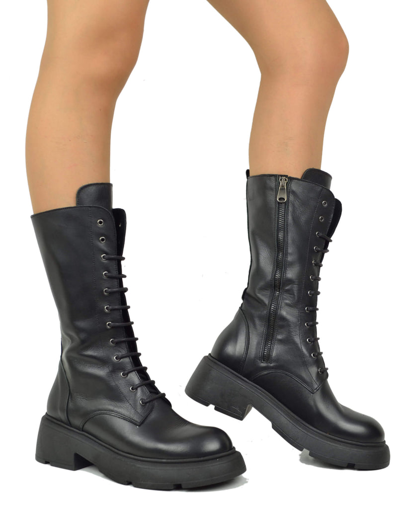 Anfibi Stringati Platform 12 Occhielli Vera Pelle Nera Lacci Rock - 5