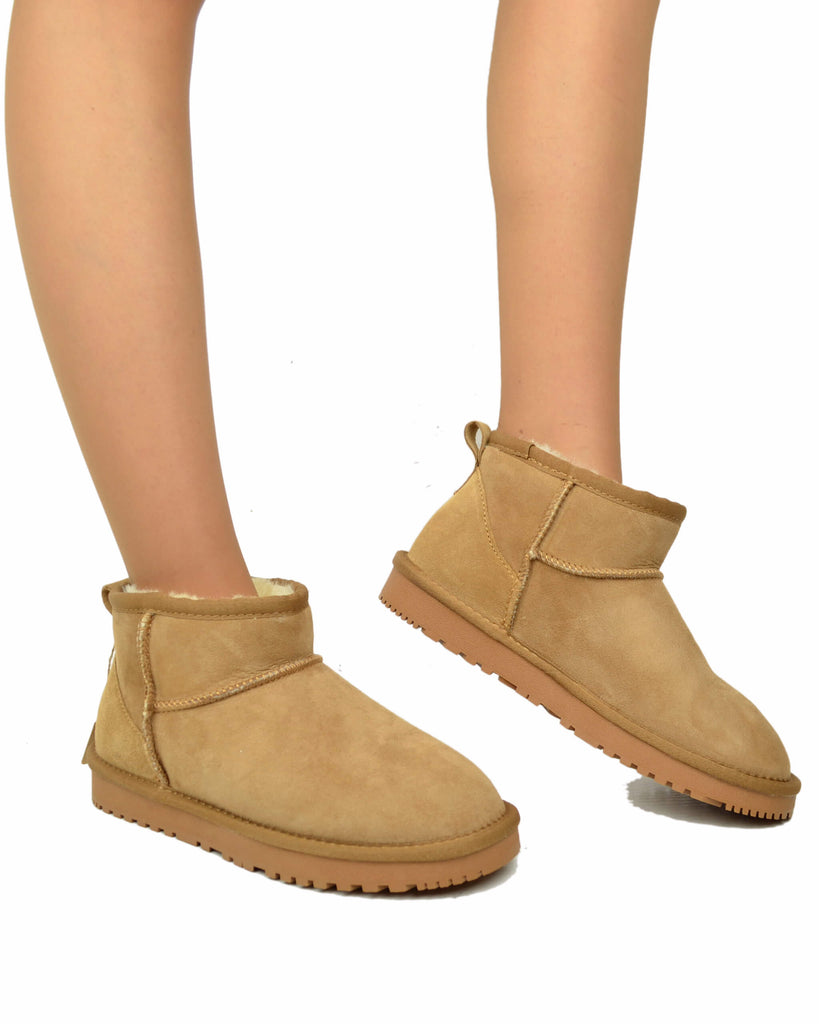 Stivaletti Donna con Pelo in Vero Montone Mini Boots Camel - 5