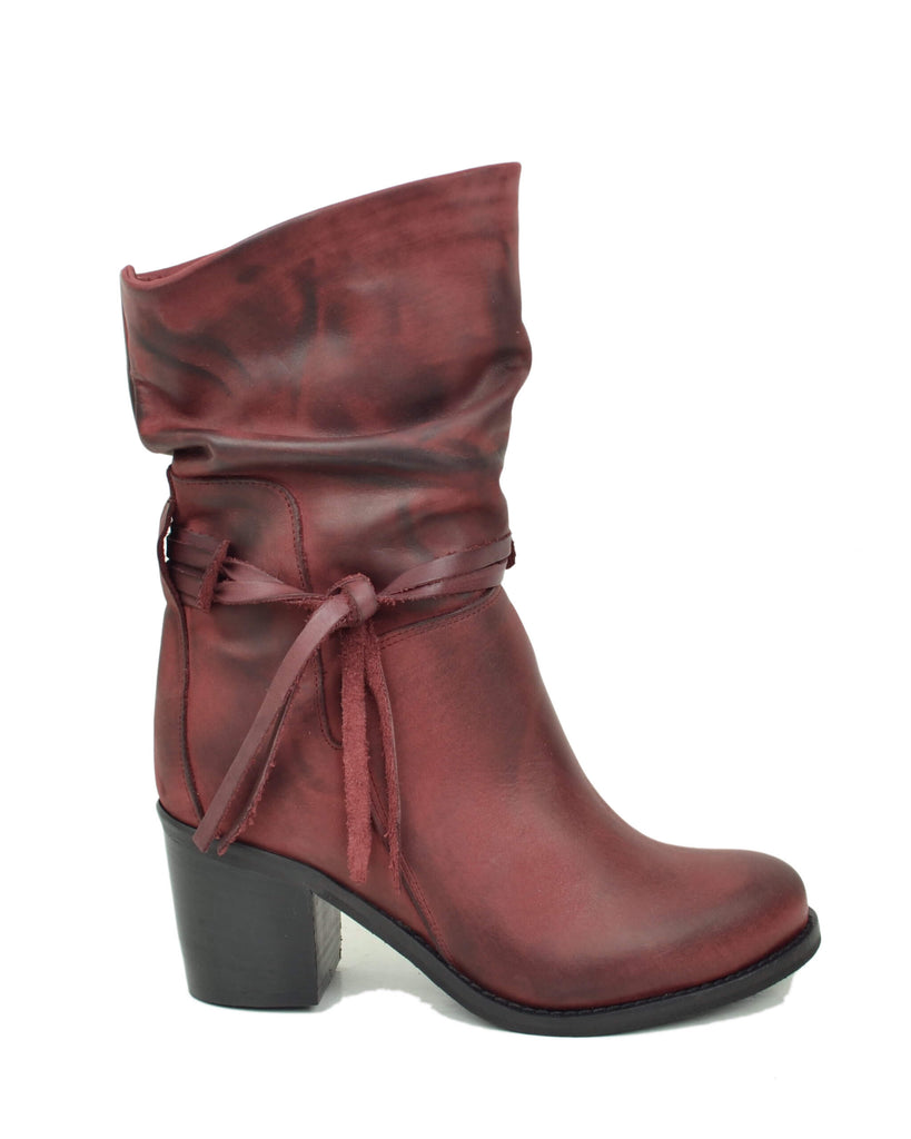 Stivaletti alla Caviglia Classici Plissettati con Tacco Largo 7 cm Bordeaux - 2