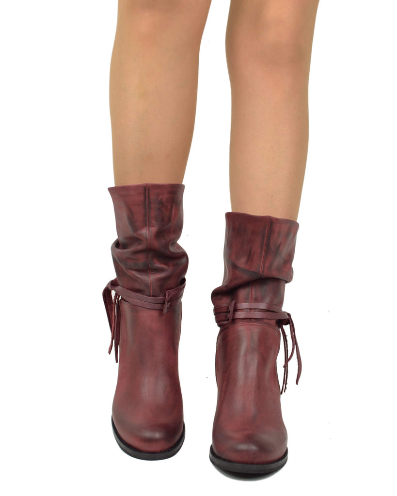 Stivaletti alla Caviglia Classici Plissettati con Tacco Largo 7 cm Bordeaux - 3
