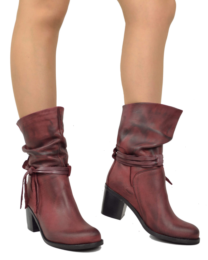 Stivaletti alla Caviglia Classici Plissettati con Tacco Largo 7 cm Bordeaux - 4