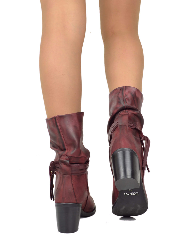 Stivaletti alla Caviglia Classici Plissettati con Tacco Largo 7 cm Bordeaux - 5