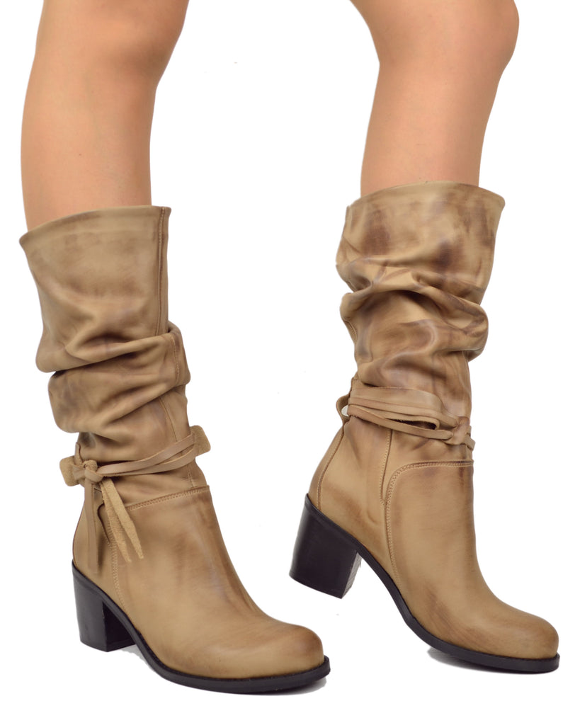 Bottes Hauteur Moyenne Tige Effilée et Plissée Taupe - 5