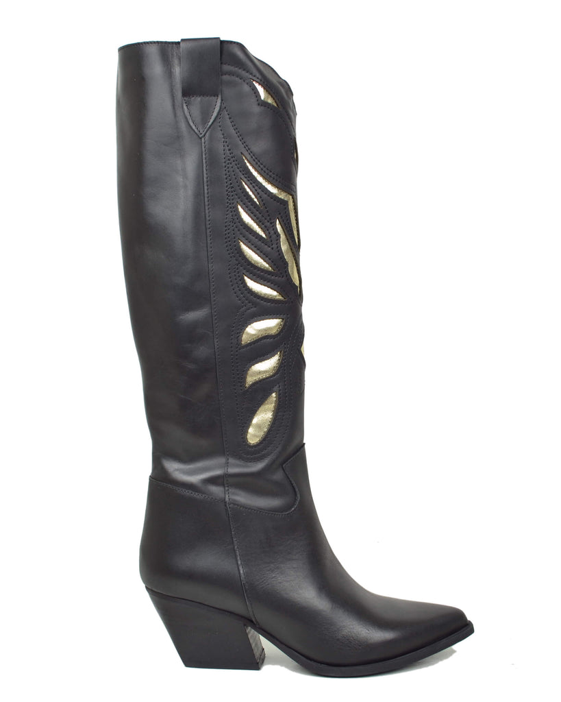 Texani con Intagli DIVINE FOLLIE a Farfalla Dorati Vera Pelle Neri Tacco 7 cm Gambale Alto - 3