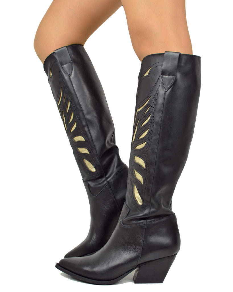 Texani con Intagli DIVINE FOLLIE a Farfalla Dorati Vera Pelle Neri Tacco 7 cm Gambale Alto - 4