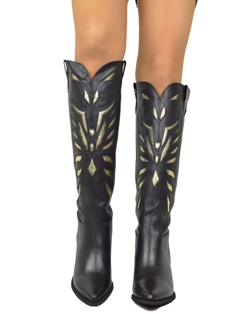 Texani con Intagli DIVINE FOLLIE a Farfalla Dorati Vera Pelle Neri Tacco 7 cm Gambale Alto - 5