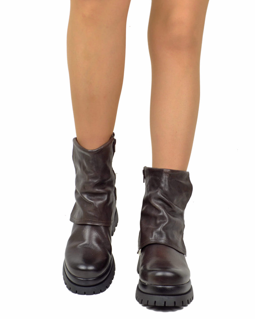 Biker Boots Platform con Ghetta e Zip Laterale Vera Pelle Marrone - 5