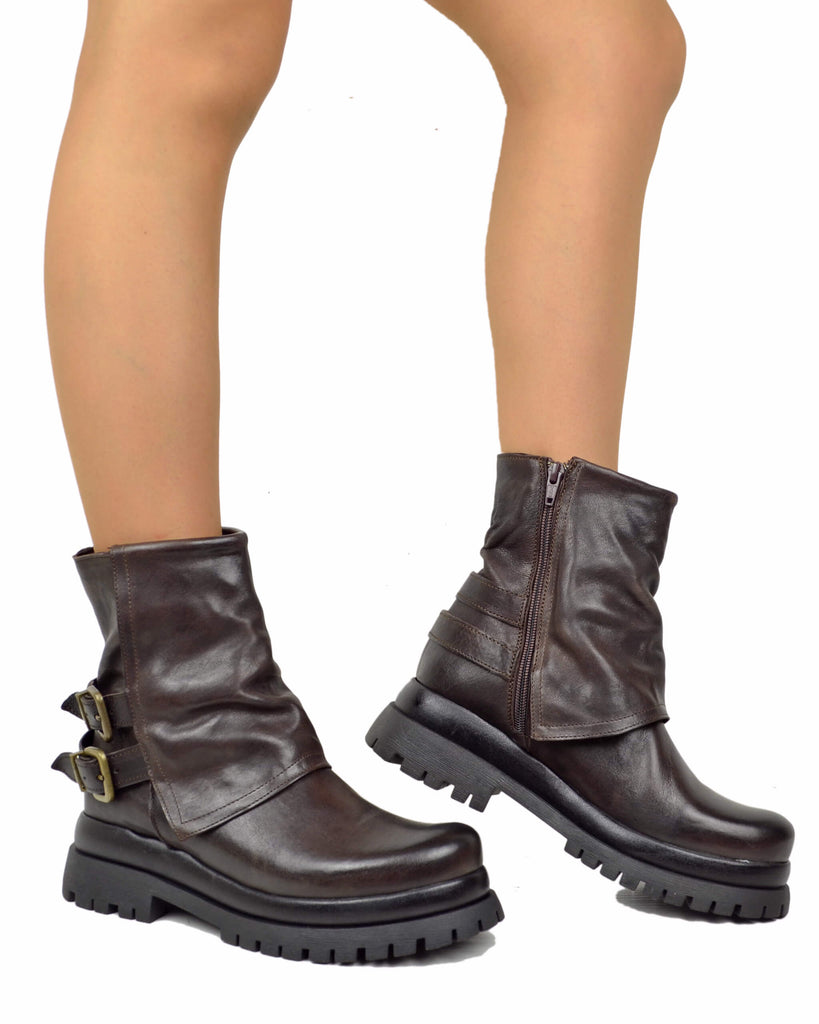 Biker Boots Platform con Ghetta e Zip Laterale Vera Pelle Marrone - 4