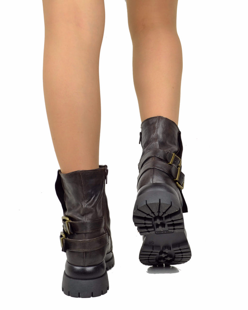 Biker Boots Platform con Ghetta e Zip Laterale Vera Pelle Marrone - 6