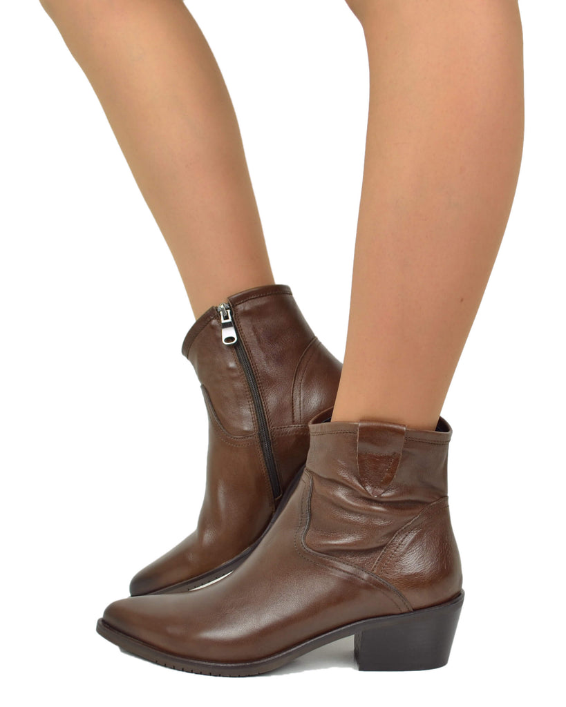 Stivaletti Texani Bassi alla Caviglia Eleganti con Tacco 5 Cm Vera Pelle Cioccolato MADE IN ITALY